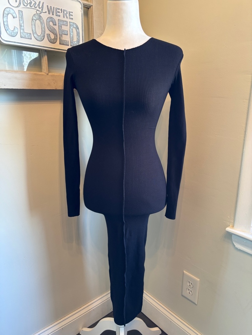 Naked Wardrobe Ribbed Raw Hem Bodycon Midi Dress Black NWT